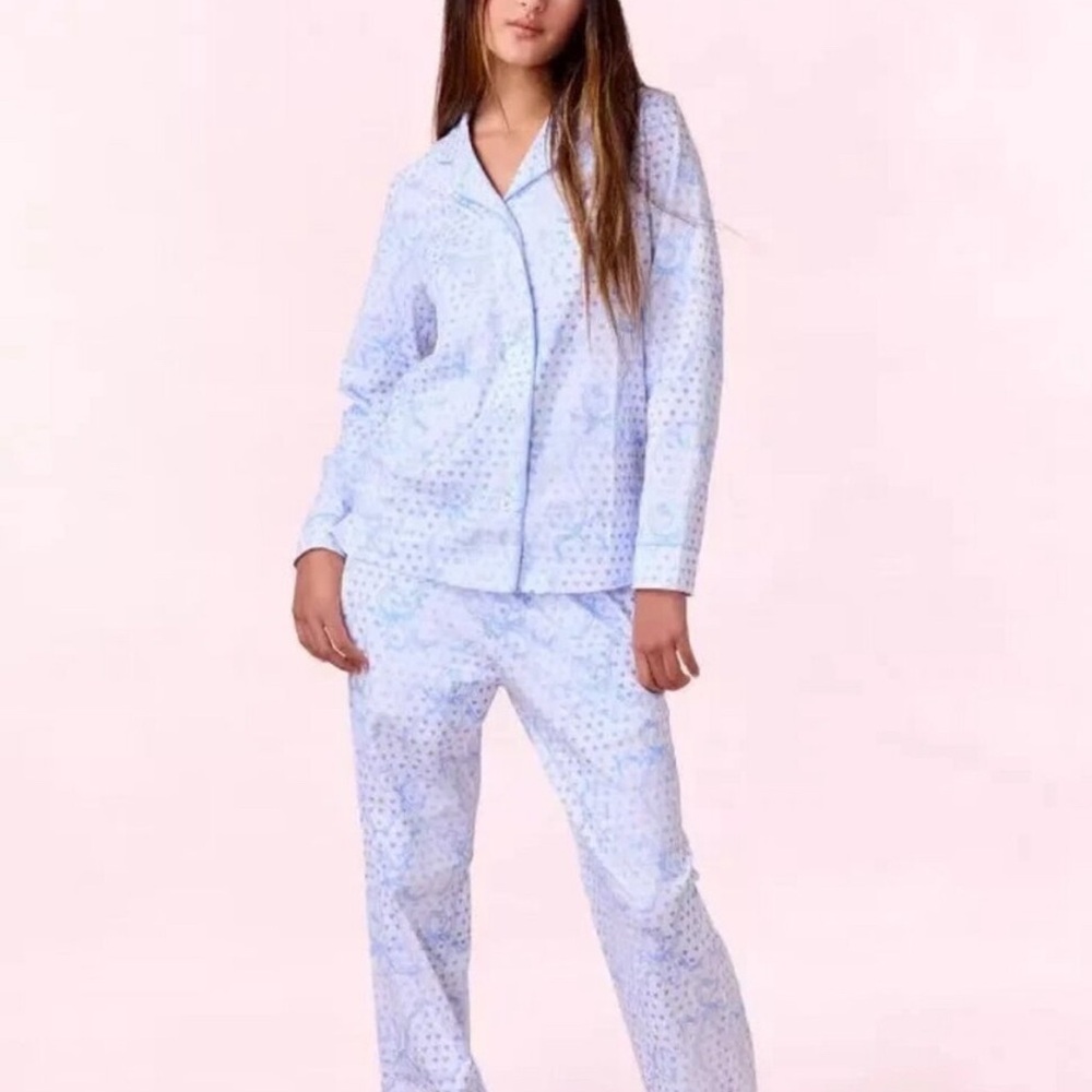 LoveShackFancy x Roller Rabbit Blue Luna Bow Hearts Polo Long Sleeve Pajamas - Picture 4 of 11